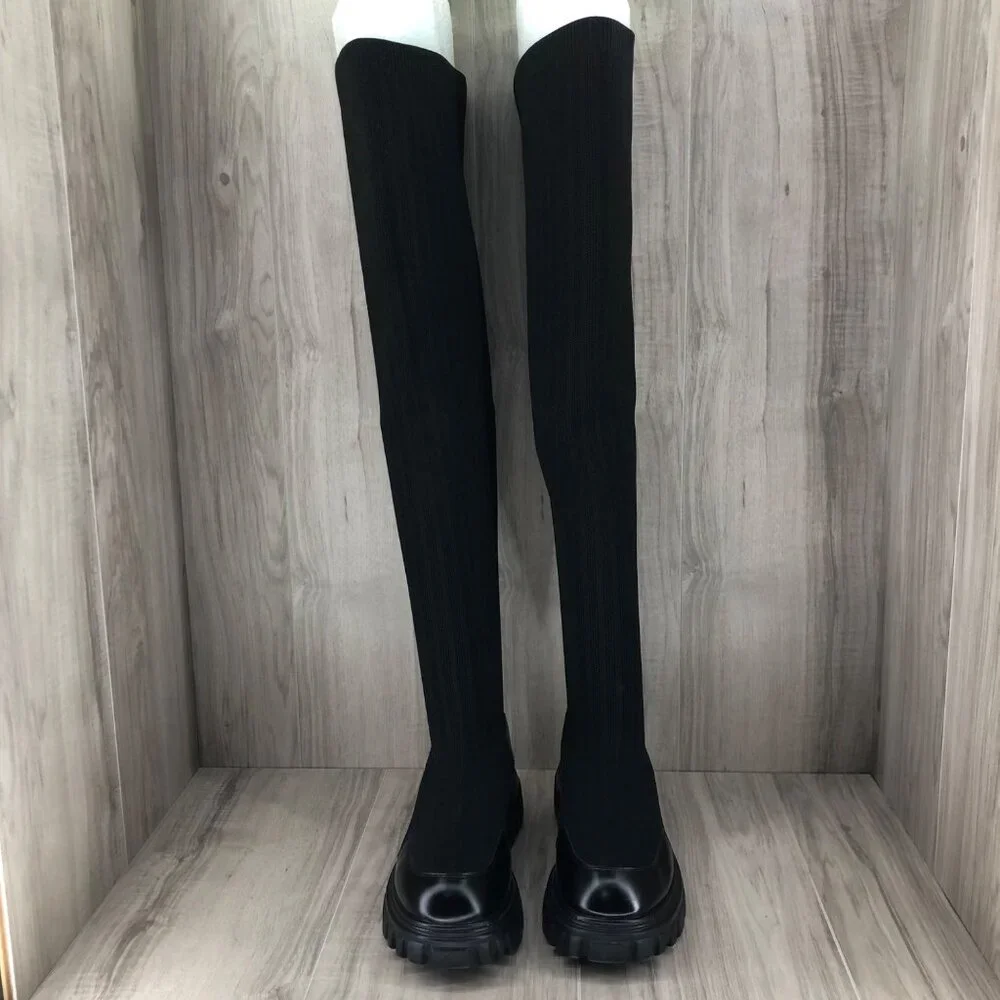 Cuccoo OTK Boots Women's EU 40 Black Sock Chunky Pull On Over The Knee Platform